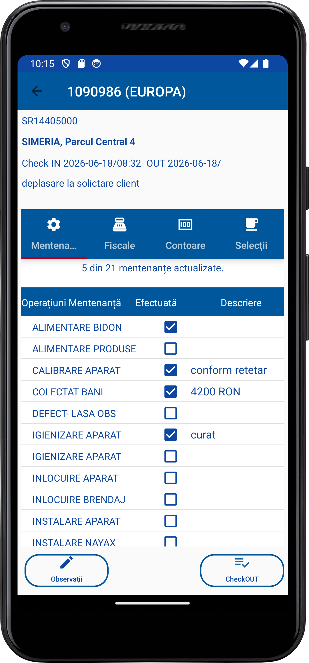 Mentenanțe efectuate